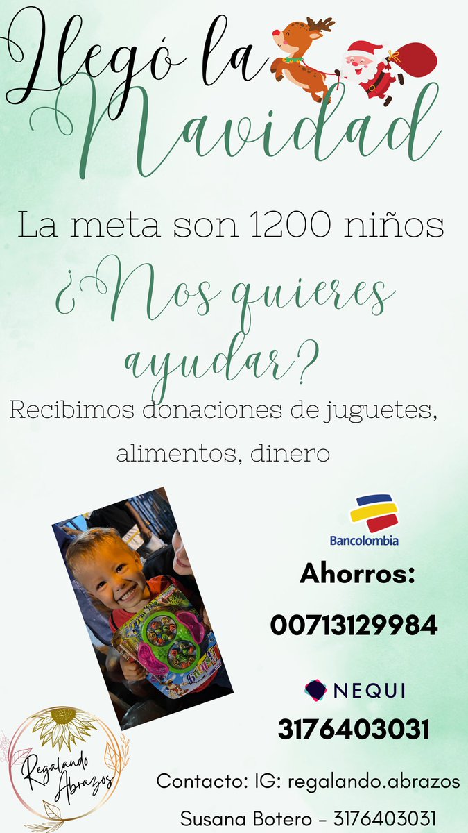 SusanaBoteroR's tweet photo. Hola, queremos llegar a los 1200 regalos para los niños de Medellín esta navidad. 
¿Nos ayudas? 
Cada regalo vale 10.000 o nos puedes donar alimentos, dulces, o lo que desees. 
Búscanos en instagram @ regalando.abrazos o comunícate al número de abajo
RT por fa https://t.co/lWQv0OsFKo