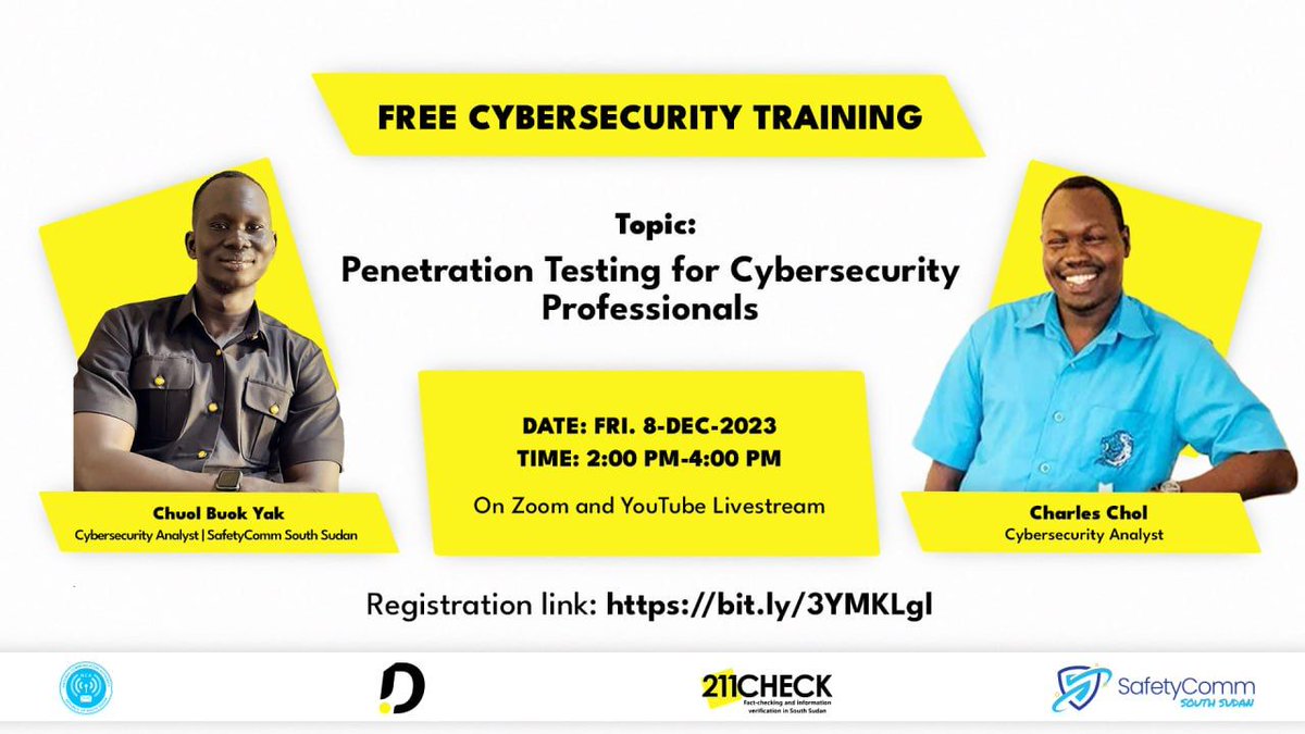 Register for this free training session on Penetration Testing for Cybersecurity Professionals: buff.ly/3ODbOq8 

SHARE WITH YOUR FAMILY AND FRIENDS 

#BeCyberSmart #SouthSudan #Training