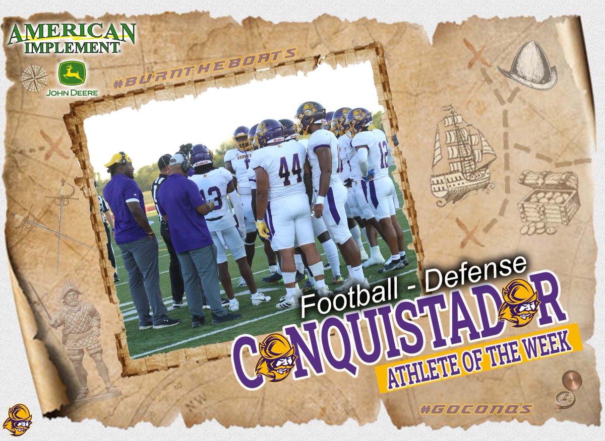 Congratulations to this week's American Implement 'Conquistador Athlete of the Week' - @GoConqsFB Defense (🏈Football)...held NMMI to 6pts on 214 yards & forced 5 turnovers in Wool Bowl...Conqs won 1st Bowl game in school history #GoConqs #BurnTheBoats goconqs.com/awards.aspx?ao…