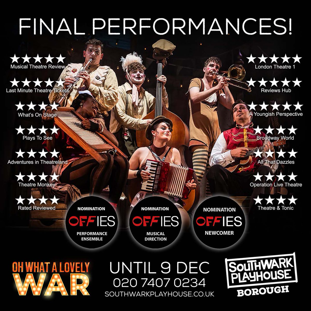 Have you joined up yet?! OH WHAT A LOVELY WAR at <a href="/swkplay/">Southwark Playhouse</a> must end Saturday! Experience the power of Joan Littlewood's seminal musical! <a href="/musichallsoc/">BritishMusicHallSoc</a>
southwarkplayhouse.co.uk/productions/oh…