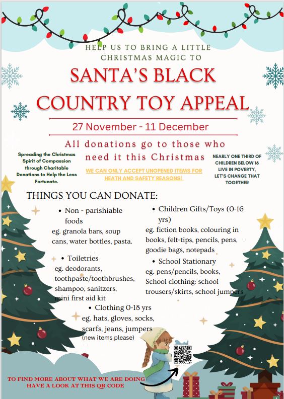 Can you help our Santa's Black Country Toy Appeal?   Please drop your donations to your respective class tutors or main reception.  Only unopened items will be accepted. Thank you in advance for your generosity. 🎁 #ChristmasAppeal #Donationswelcome