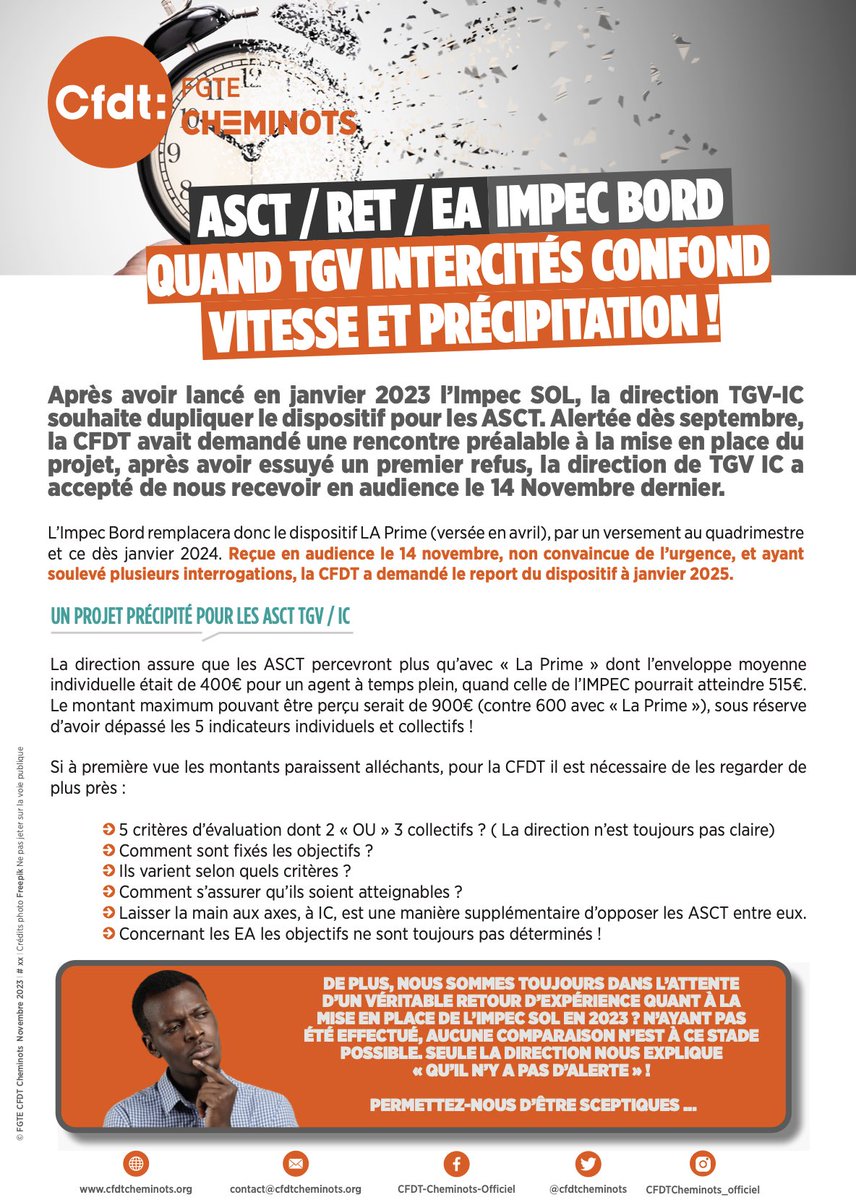 cfdtcheminots's tweet image. E-TRACT || ASCT/RET/EA IMPEC BORD. Quand TGV Intercités confond vitesse et précipitation ! 
#urgence #interrogations #critères #indicateurs #performance #chargedetravail #CFDT #cheminots
🔗 tinyurl.com/32p6r4zx