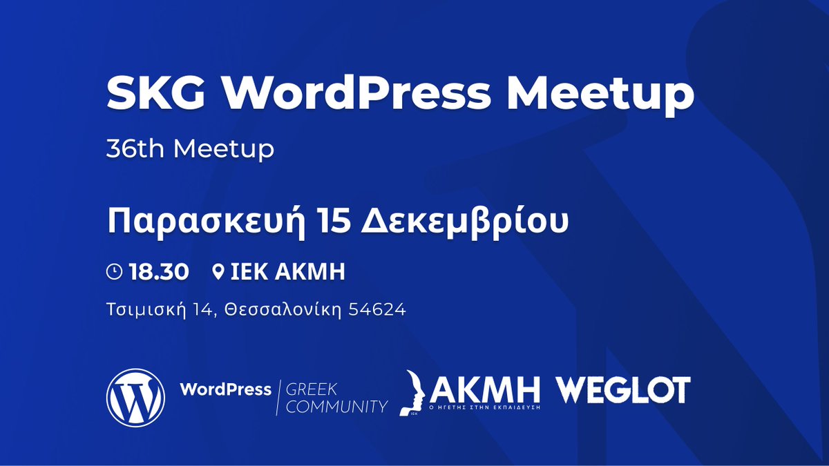 Σας προσκαλούμε στο 36ο Thessaloniki WordPress Meetup, όπου θα εξερευνήσουμε τον κόσμο του WordPress.

🚨 Από εδώ και στο εξής, τα meetup μας θα λαμβάνουν χώρα στο ΙΕΚ ΑΚΜΗ Θεσσαλονίκης, στο κέντρο της πόλης. 🚨

meetup.com/wordpress_skg/…