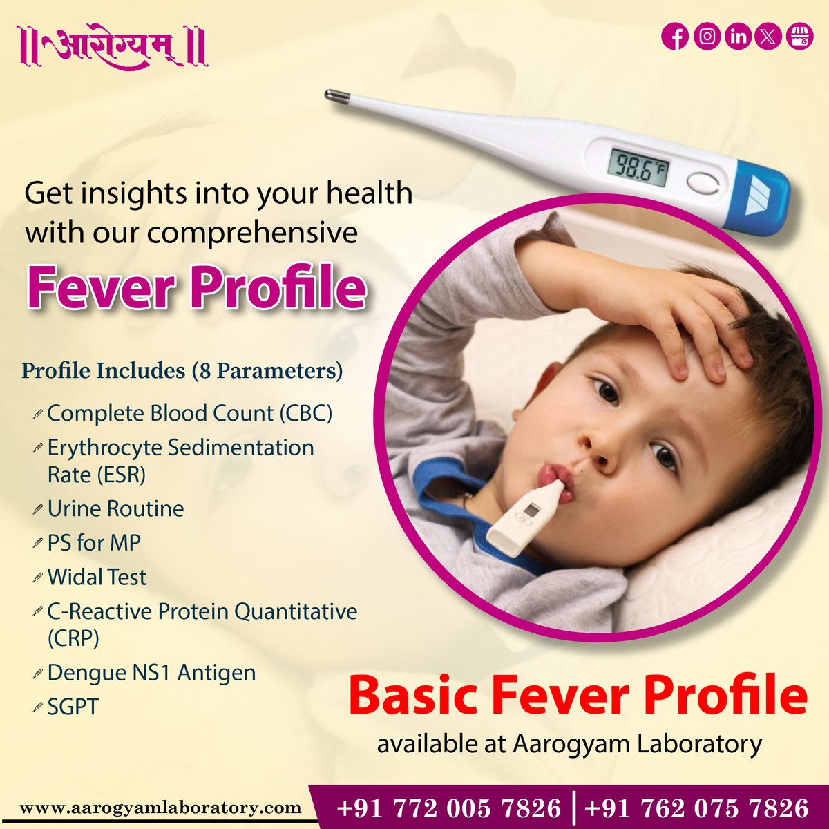 Take charge of your health narrative. Discover the cause with our advanced Fever Profile.

#aarogyam #health #healthylife #labtest #FeverProfile #FeverTests #FeverDiagnosis #TemperatureCheck #FebrileIllness #FeverSymptoms #FeverMonitoring #FeverManagement #BodyTemperature
