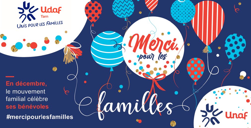 L'Udaf du Tarn remercie ses bénévoles.
À partir du 5 décembre et tout au long du mois de décembre, le réseau Unaf-Udaf-Uraf et ses associations familiales membres mettent en lumière leurs bénévoles familiaux avec ce slogan « merci pour les familles ». #mercipourlesfamilles