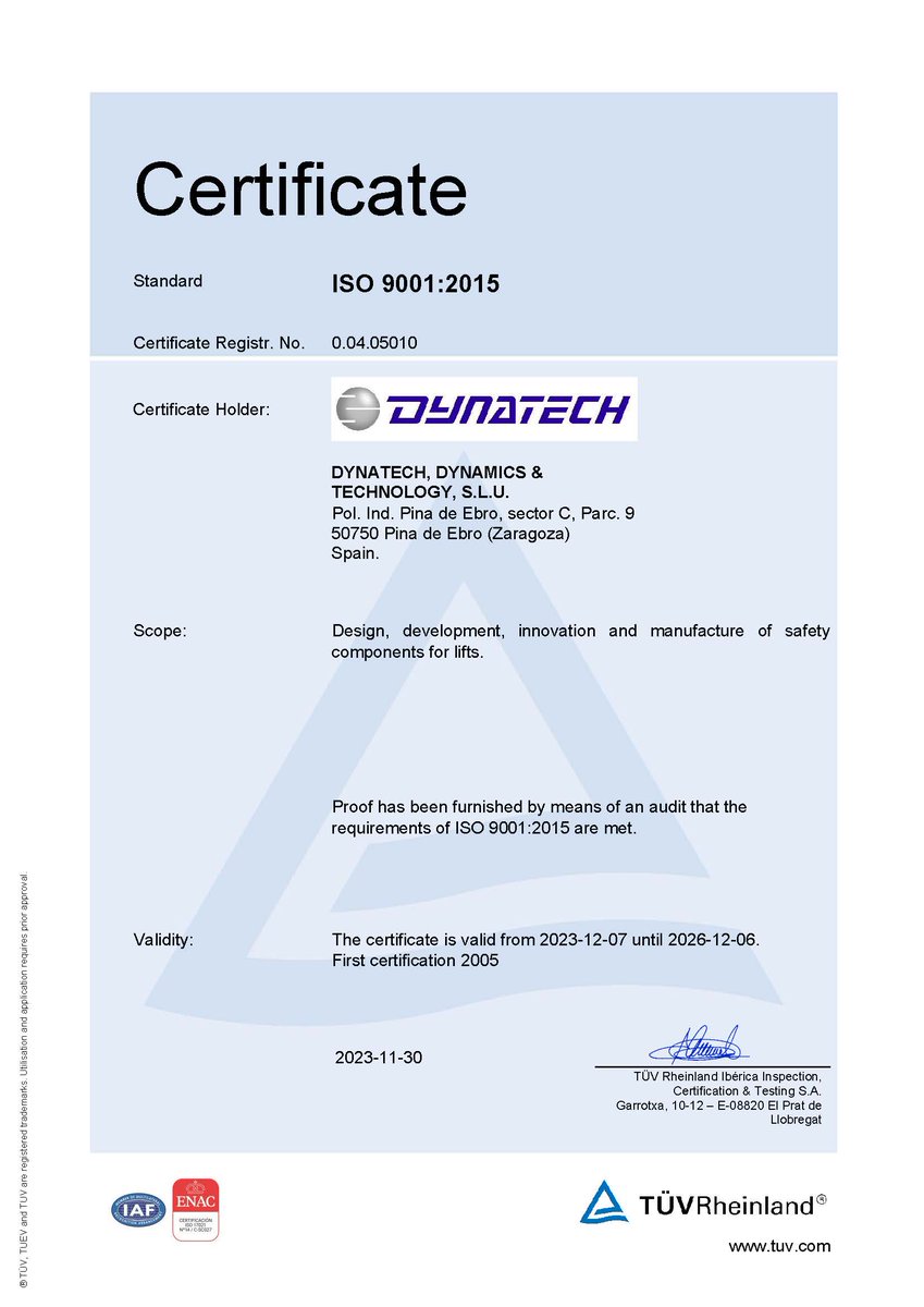 Dynatechpro's tweet image. Dynatech successfully passed the renewal audit for the ISO 9001:2015 Quality System that took place on September 26 and 27.
We now have the new certificate for the ISO 9001:2015 standard available in our website:
#dynatech #LiftSafetyComponents #iso90012015 #iso90012015certified
