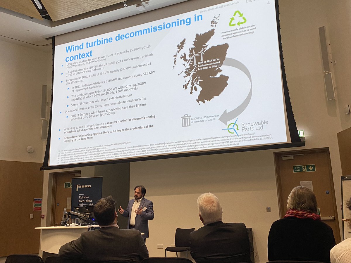 Pietro Di Modica @UniStrathclyde on recycling offshore wind, can blades have a second life? Re-use..re-manufacture but no harmonise regulation yet. #mastsasm23