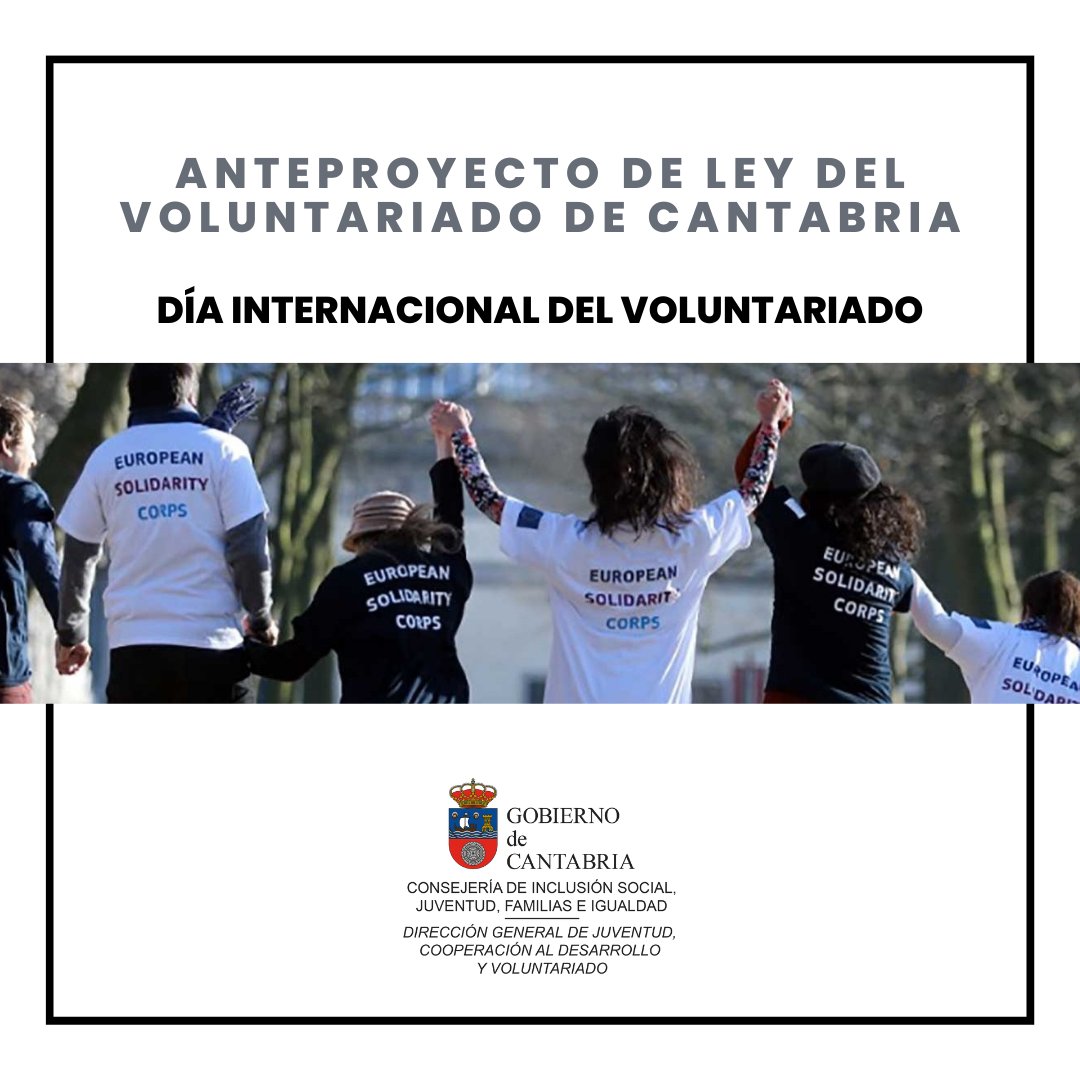 Coincidiendo con el Día Internacional  del Voluntariado, la Consejería de Inclusión Social, Juventud, Familias e Igualdad ha publicado en el Boletín Oficial de Cantabria las condiciones de la futura ley que reconoce la labor de este colectivo.  jovenmania.com/comunes/notici…