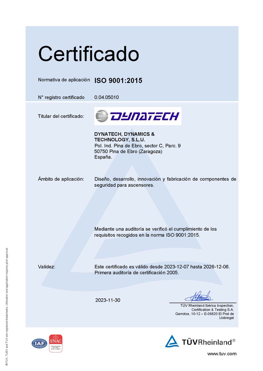 Dynatechpro's tweet image. Dynatech - Lift Safety Components superó con éxito la auditoría de renovación del certificado del Sistema de Calidad ISO 9001:2015 que tuvo lugar los días 26 y 27 de Septiembre. Ya disponemos del nuevo certificado
#dynatech #LiftSafetyComponents #iso90012015 #iso90012015certified