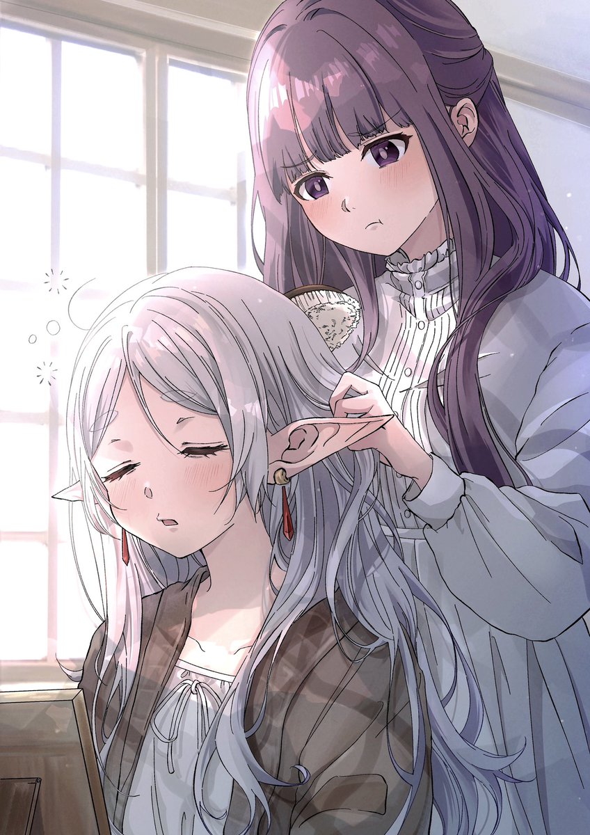 fern (sousou no frieren) ,frieren multiple girls 2girls brushing hair pointy ears long hair closed eyes purple hair  illustration images