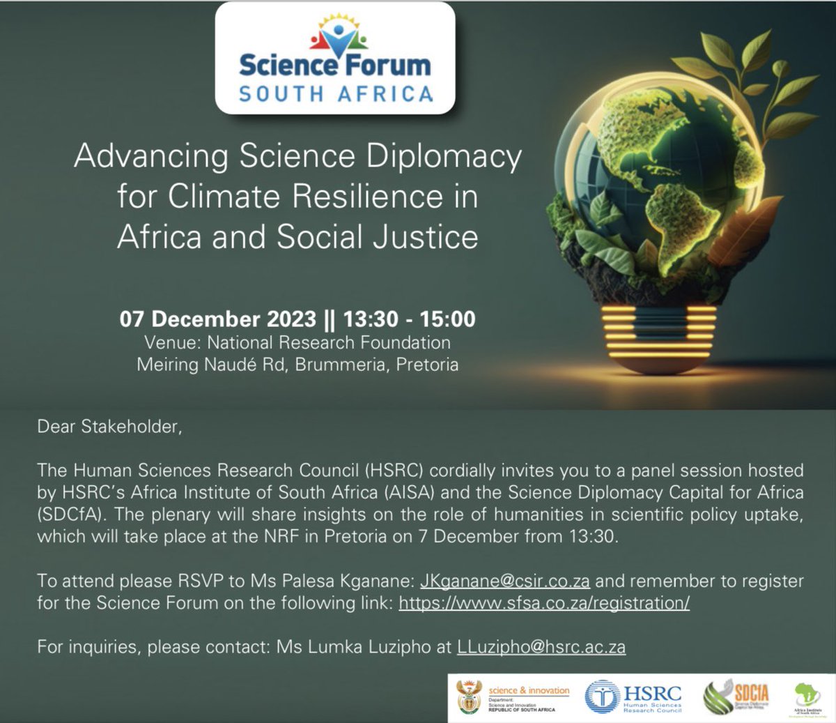 🌟Ready to be inspired? 🌱Sustainability takes center stage! #SFSA2023 recognizes the importance of science in addressing global challenges. Join the conversation on 'Advancing #ScienceDiplomacy for Climate Resilience in Africa & Social Justice' @HSRCza @CSIR
#SustainableScience