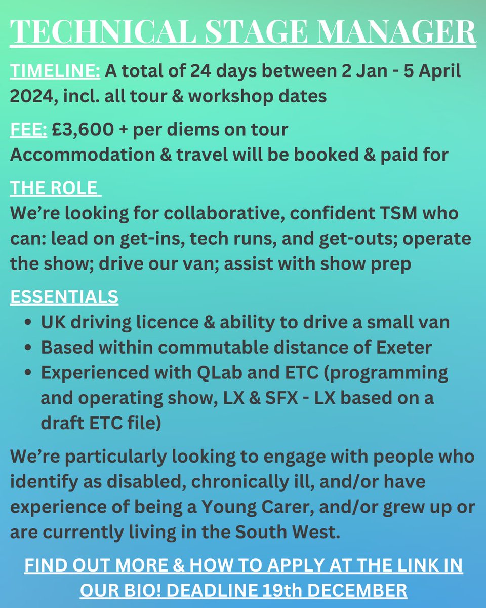 RIGHTOFWAYPLAY's tweet image. 📣 JOIN OUR TEAM 📣 
#paidcallout #callout 

We have THREE PAID ROLES on offer - and we’d love it if you came and worked with us!

We’re looking for:
A Technical Stage Manager
A Production Designer
A Movement Consultant

Job packs for each role can be found at the #linkinbio 🌊