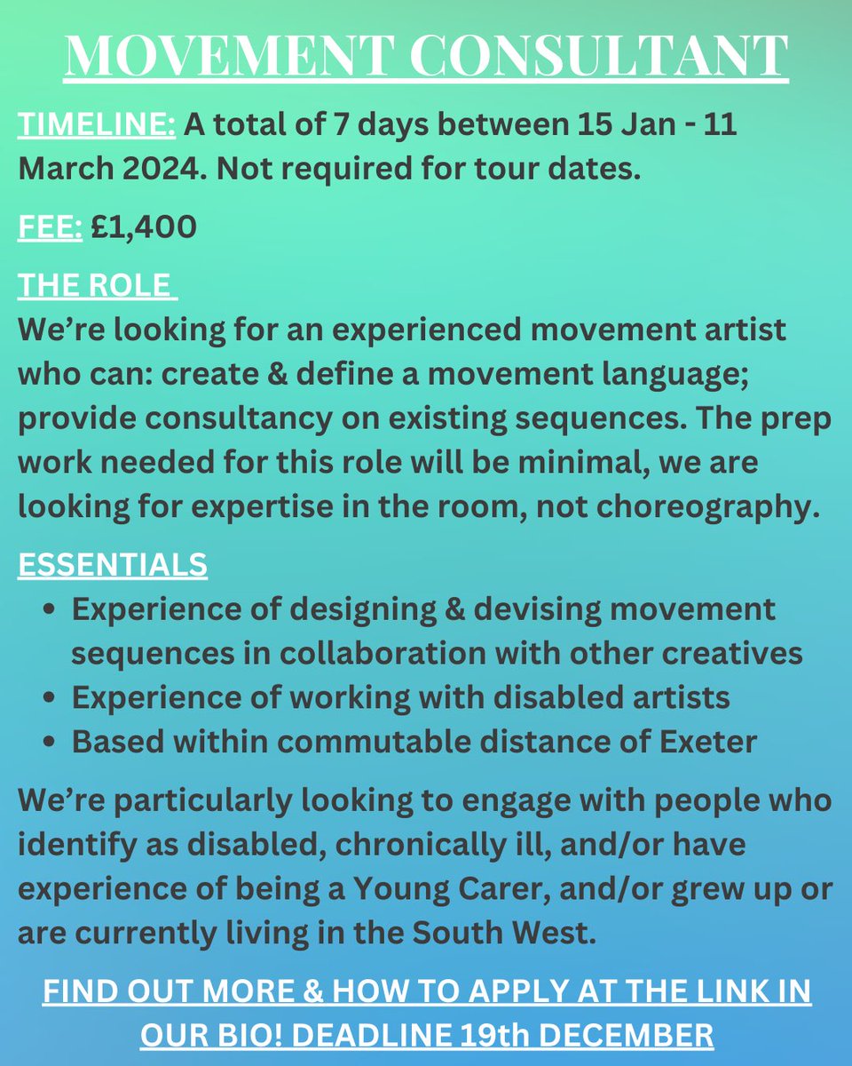 RIGHTOFWAYPLAY's tweet image. 📣 JOIN OUR TEAM 📣 
#paidcallout #callout 

We have THREE PAID ROLES on offer - and we’d love it if you came and worked with us!

We’re looking for:
A Technical Stage Manager
A Production Designer
A Movement Consultant

Job packs for each role can be found at the #linkinbio 🌊