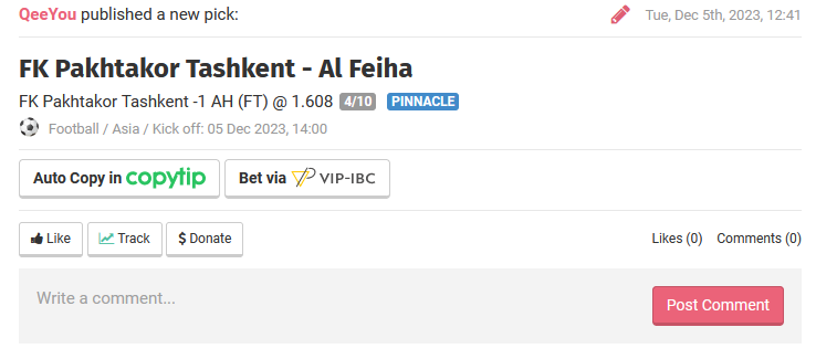 AFC Asian Champions League🌐

120€ a gagner parmi les #RT et ceux qui me follow si le pari passe.

⚽️FK Pakhtakor Tashkent - Al Feiha

Pick : FK Pakhtakor Tashkent -1 AH (Remboursé si win de 1)

Mise : 2%

Toujours des déplacements ultra compliqué et Al Feiha avec une compo