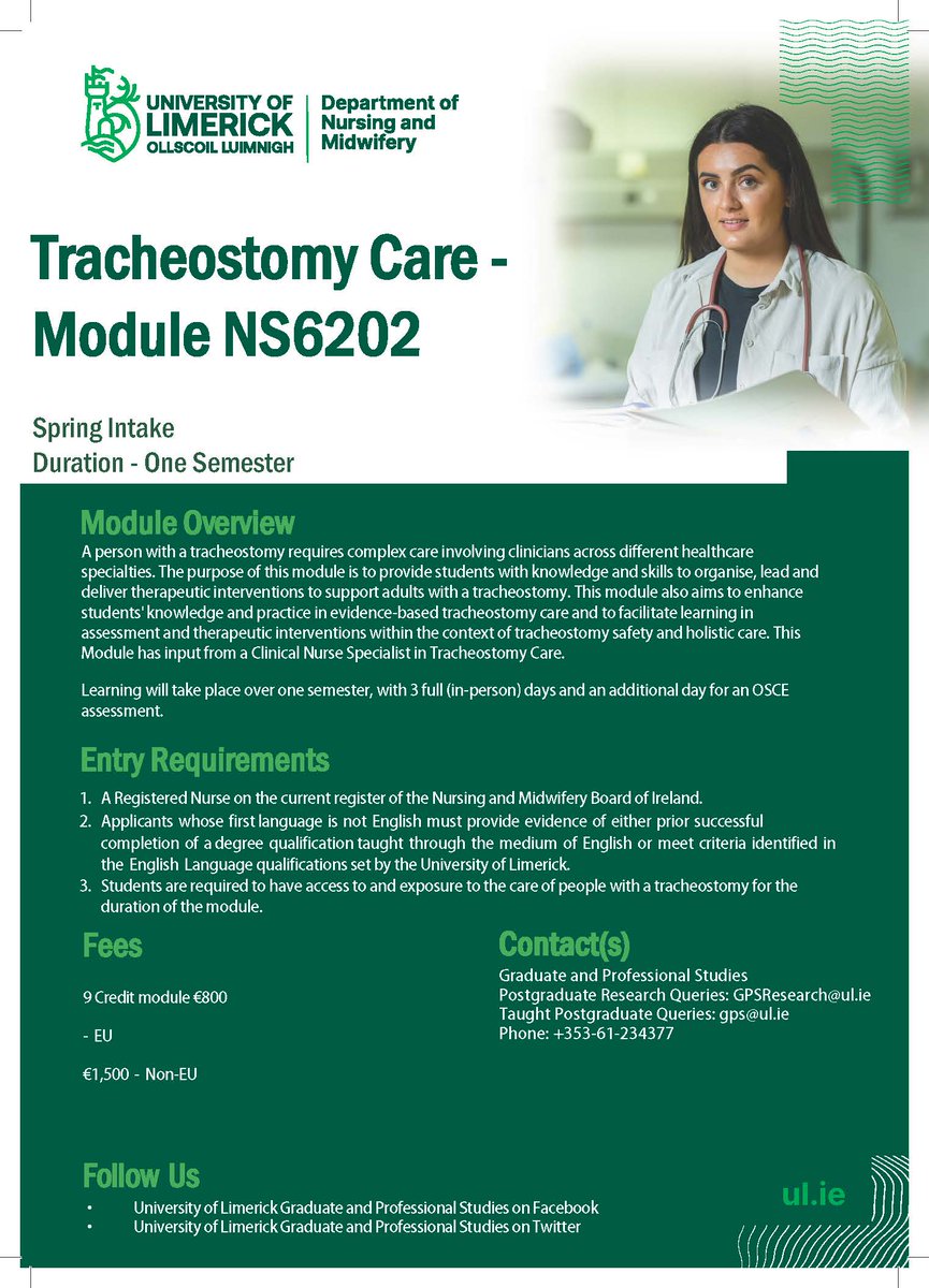 Are you a registered nurse who cares for person/s with a tracheostomy? Would you like to enhance your knowledge, skills and practice in evidenced-based tracheostomy care? Now is your chance to apply for a Level 9 Module in Tracheostomy Care! For more info lnkd.in/ecjpuP87