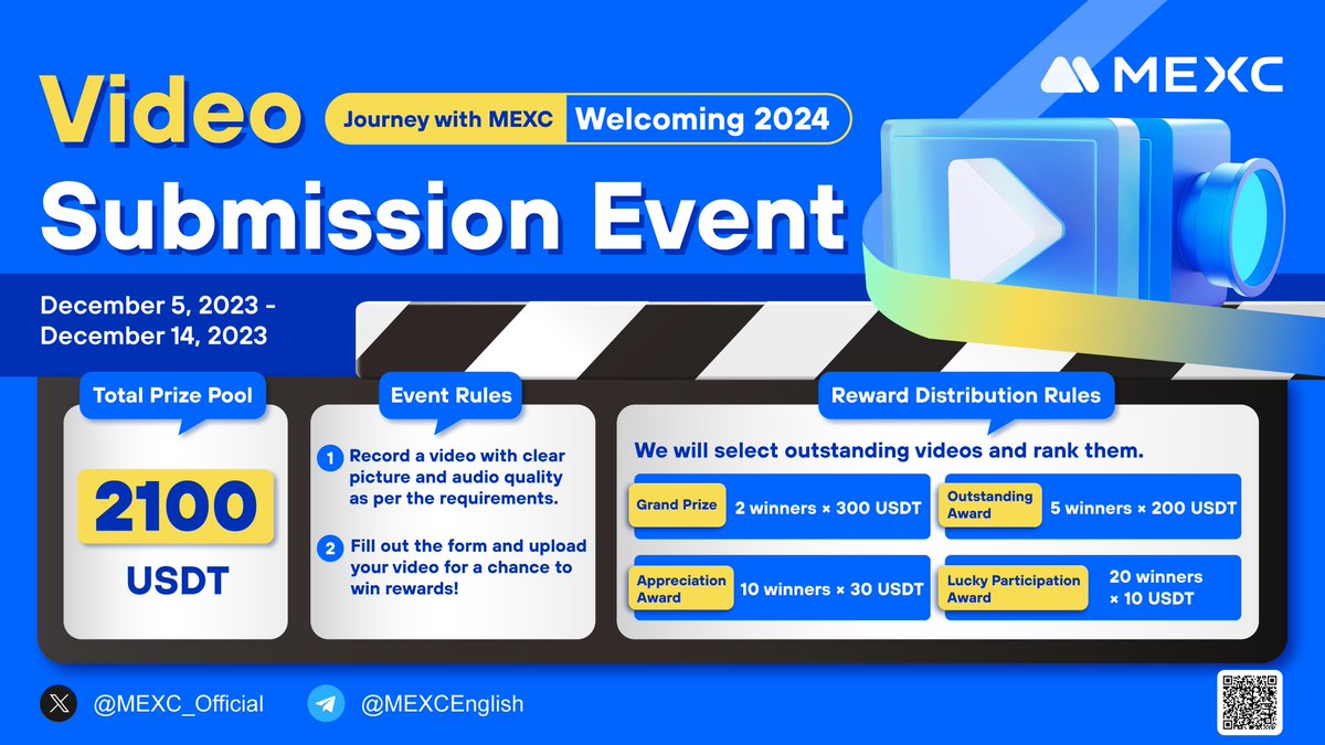 To celebrate #NewYear2024, we're planning to make a year-in-gratitude review video to thank your continuous support to #MEXC 💙

Submit your video to grab a share from the $2,100 $USDT prize pool:
1⃣Follow &amp; RT <a href="/MEXC_Official/">MEXC</a> 
2⃣Record your story in a 1-2 minute video according