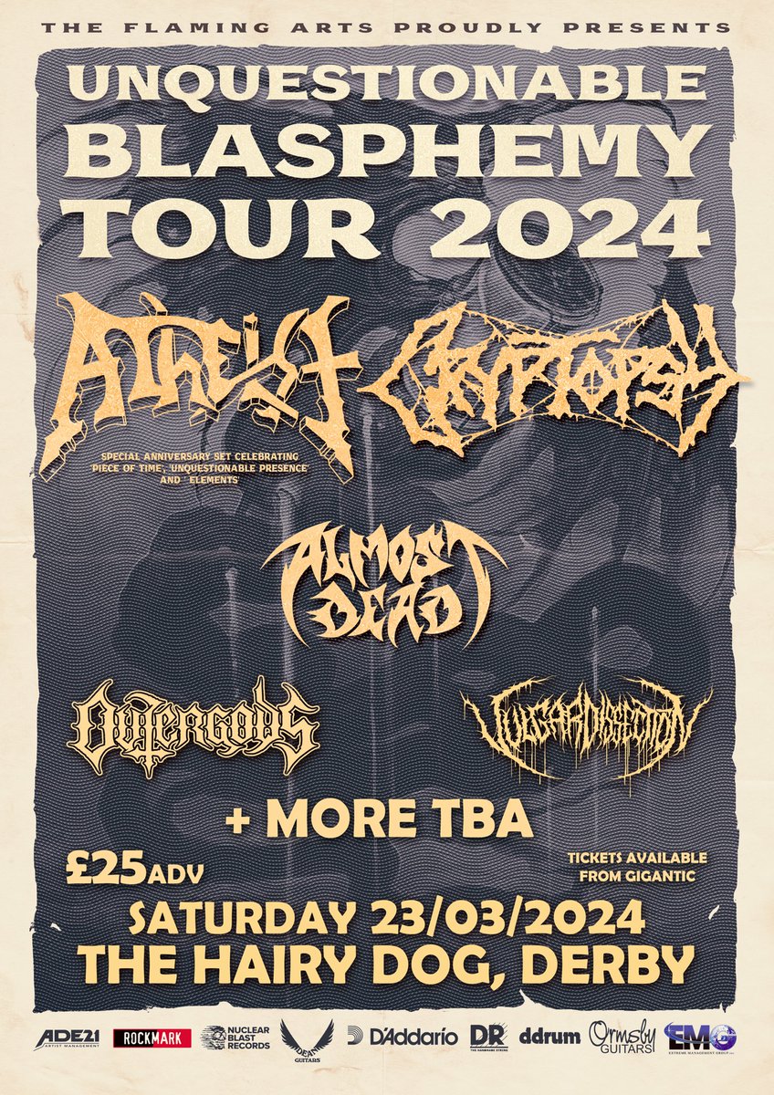 OutergodsUK's tweet photo. We’re happy to announce we’ll be supporting Cryptopsy and Atheist on March 23 • Tickets in thread https://t.co/v7XCS085U9