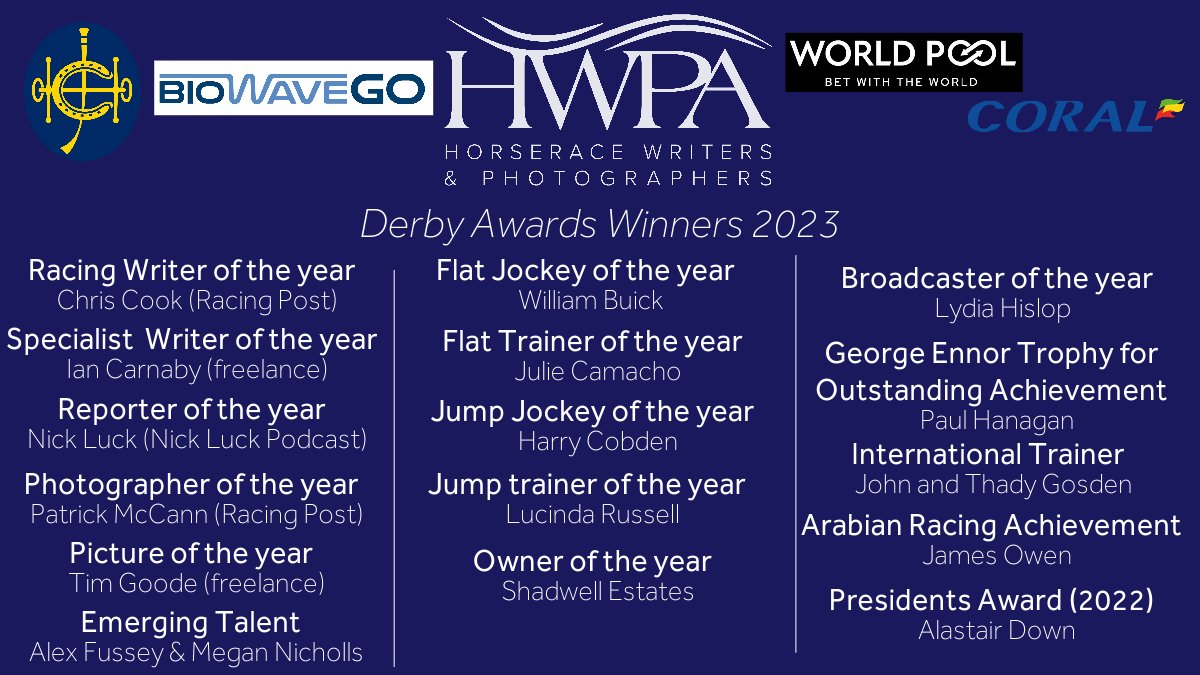 Congratulations to all of our 2023 #DerbyAwards winners! 👏👏👏 @claimsfive | @nickluck | @patrickmccannrp | @FusseyAlex | @Meg_nicholls11 | @JCamachoRacing | @CobdenHarry | @lucindavrussell | @ShadwellStud | @LydiaHislop | @Paul_Hanagan | @JPOwenRacing