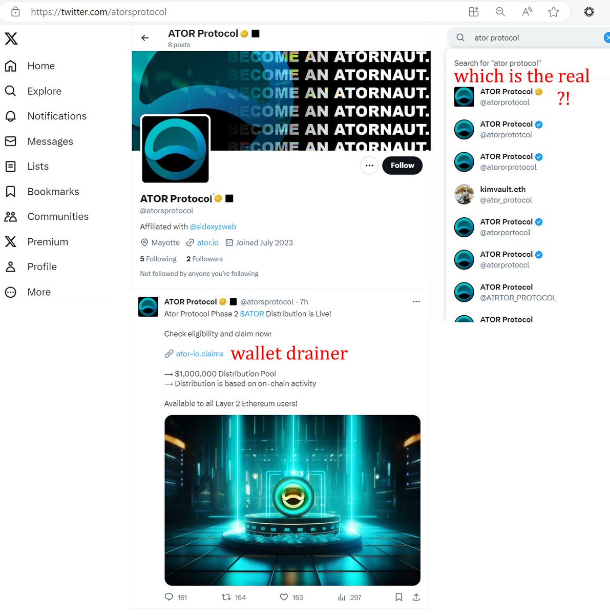 GoreJason91's tweet photo. How are @X users supposed to distinguish scam accounts, with gold #verified badges sold to fraudsters?!

✔@atororprotocol - real profile, verified
❌@atorsprotocol - scam, "gold verified"

@zachxbt @premium @peckshield @malwrhunterteam @DoppelHQ @certik 

#scam #phishing #web3 https://t.co/VUJul8O7Dp