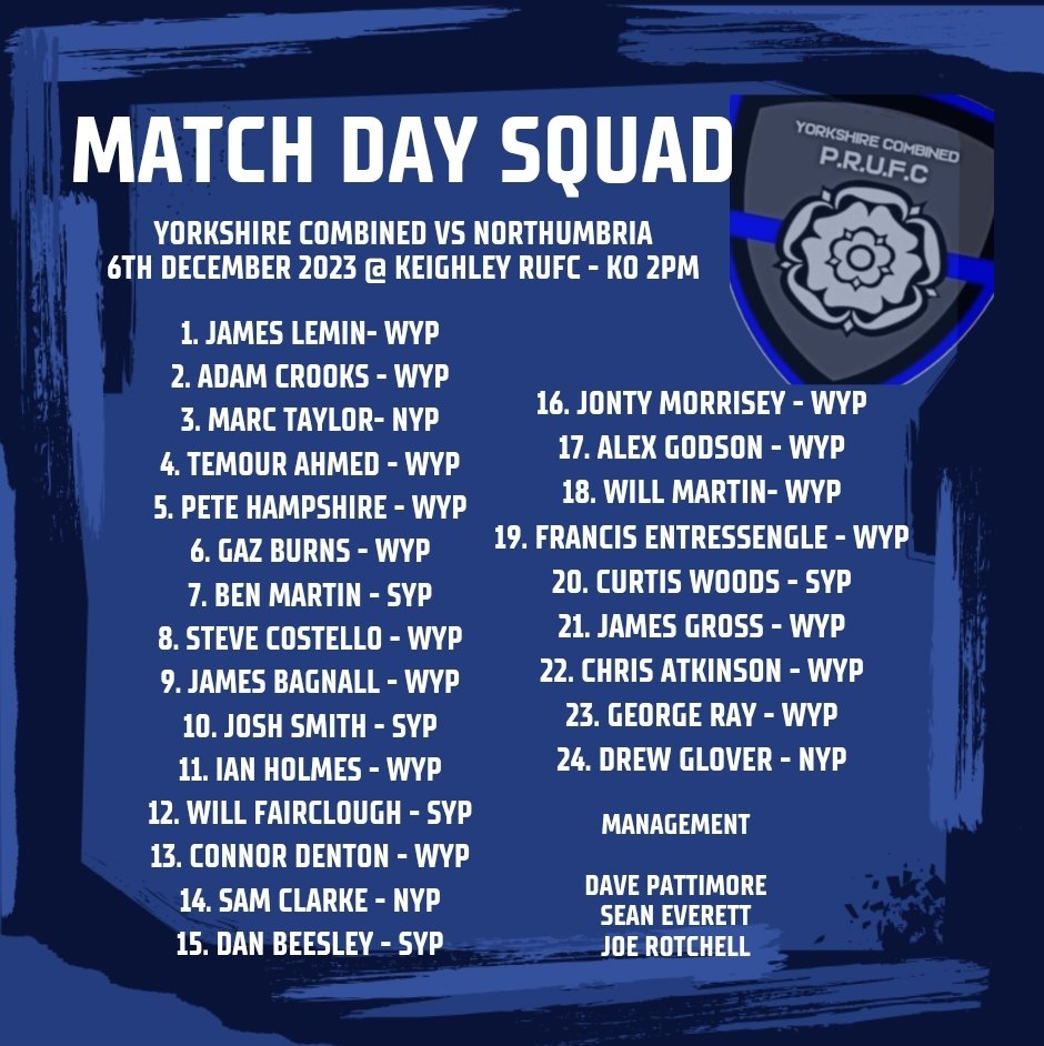 YCPRUFC's tweet image. Our match day squad for tomorrow's clash with Northumbria Police Rugby. Get down and support the lads!