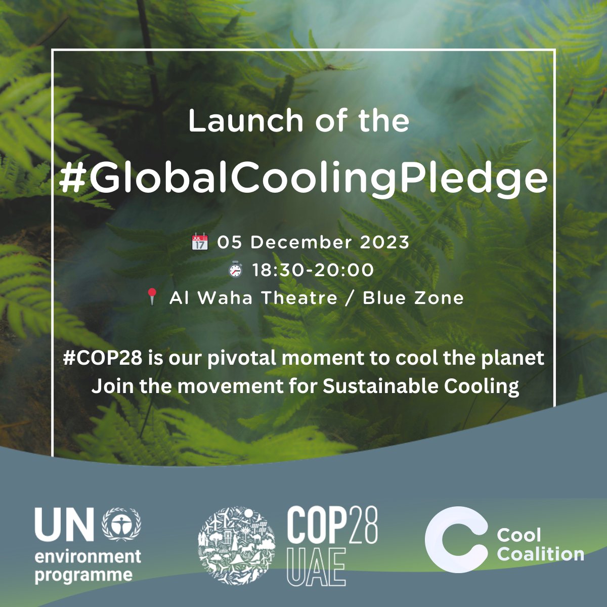 Don't miss the launch of the #GlobalCoolingPledge today at 6:30 pm GST (9:30 am EST)!

Now is the time to act on cooling to ensure a cooler, more resilient future for all.

Watch live ➡️ unfccc.int/event/global-c…

#COP28 #ActOnCooling #CoolingForAll #CoolingDay #ClimateAction