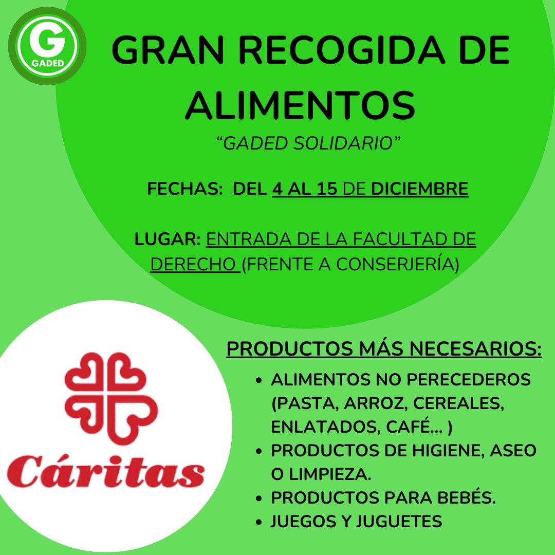 GadedUDC's tweet photo. Iniciamos “GADED SOLIDARIO”, en esta ocasión, en colaboración con Cáritas Coruña. Hasta el día 15 podréis acercaros a la Facultad de Derecho o al Edificio Xoana Capdevielle para realizar vuestras aportaciones.
¡ Muchas gracias a todos ! https://t.co/WfFgpm21HA