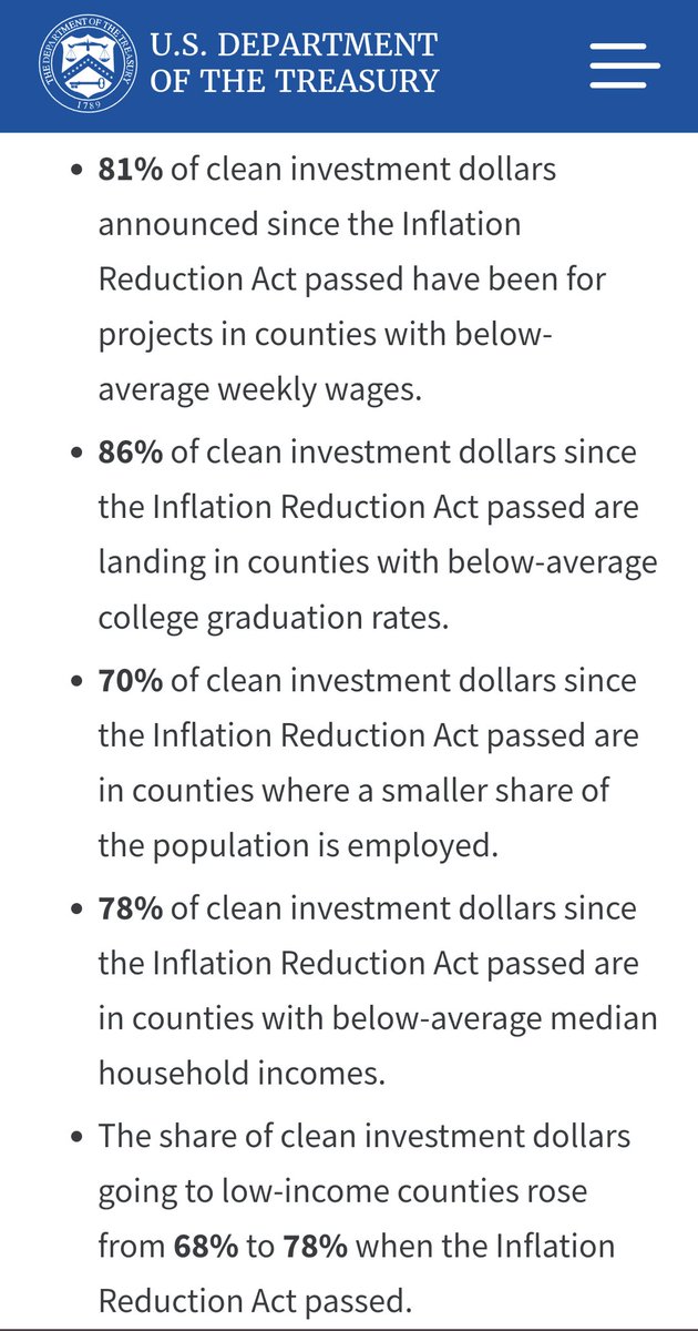 Really important analysis from @USTreasury Dept. finds the overwhelming share of clean energy investment driven by the Inflation Reduction Act is occurring in lower income communities, offering real economic opportunity across America: home.treasury.gov/news/press-rel… This is as intended.