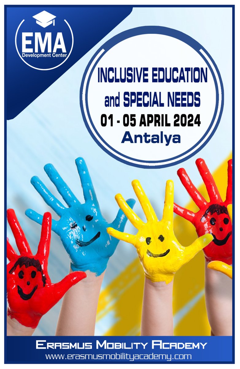 Erasmus+ CONFIRMED Courses
ANTALYA
01 - 05 APR 2024
Inclusive Education and Special Needs
Contact us: erasmusmobilityacademy.com/.../inclusive.…
info@erasmusmobilityacademy.com
#specialneeds #inclusiveeducation #erasmuslife #antalya #ErasmusTeacherTraining #ErasmusPlusOpportunity #culturalexchange