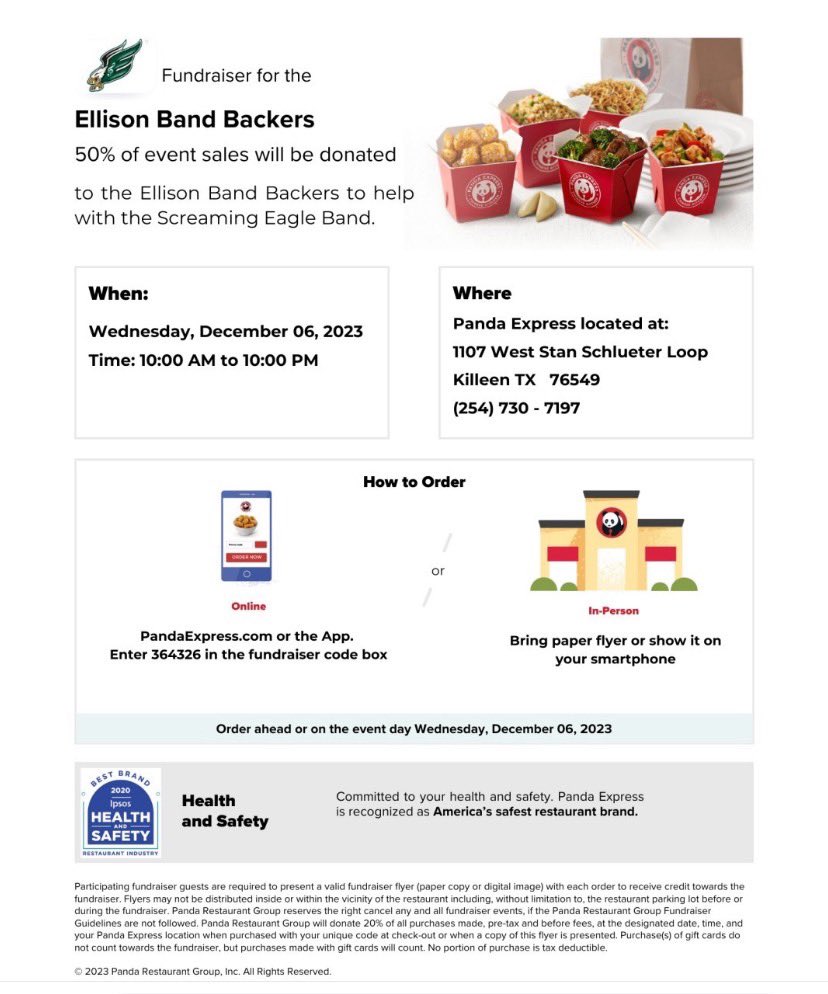 The Screaming Eagle band booster is doing a fundraiser at the Stan Schlueter Panda Express tomorrow, 12/6, and they get 50% of the proceeds - which is huge! Just tell them you're there for the fundraiser in person or on the app! <a href="/EllisonBand/">Ellison Screaming Eagle Band</a> #WeAreKISD