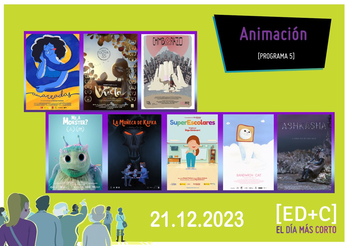 🎬Aquí les presentamos los seleccionados en la categoría ''Animacion'' 

¡Les invitamos a todos a ver esta gran selección de cortos el 21 de diciembre en ED+C! 🤩  

#ElDíaMásCorto #CineCorto #EventoCultural #CortometrajeEspañol