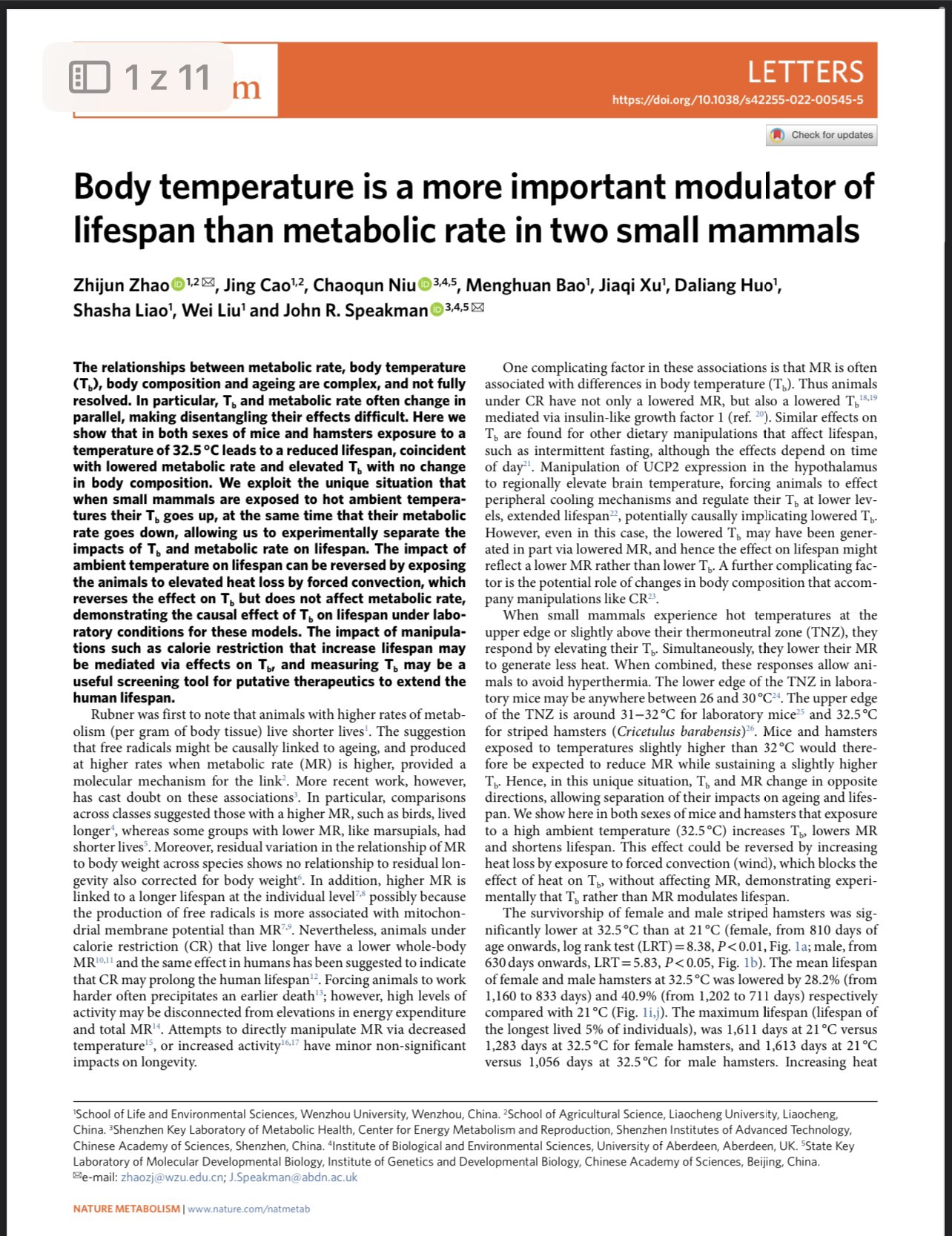 Body temperature is a more important modulator of lifespan than metabolic  rate in two small mammals