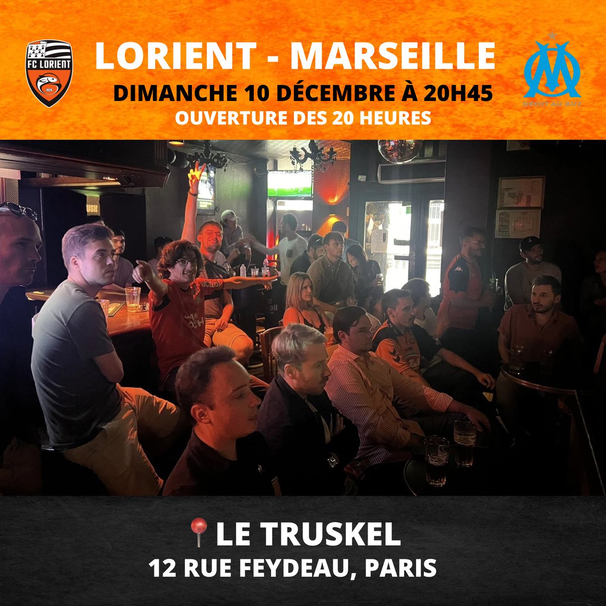 ⭐️ Match de Gala au <a href="/truskelclub/">Truskel Microclub</a> ce dimanche à 20h45.

On vous accueille dès 20h pour cette rencontre en PrimeTime ! Venez soutenir le <a href="/FCLorient/">FC LORIENT 🐟</a> au cœur de la capitale. 

📩 N’hésitez pas à nous contacter si besoin en DM pour plus d’informations !

#FCLOM #FCLorient #Lorient