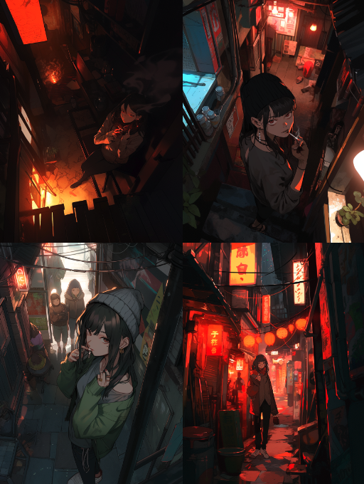 JohnSteve1935's tweet photo. うちの娘が「暗い雰囲気 路地 女性 タバコ 俯瞰構図」というプロンプトを入れてAIで絵を描いている。
時代変わった。 https://t.co/v0BgMtAdX5