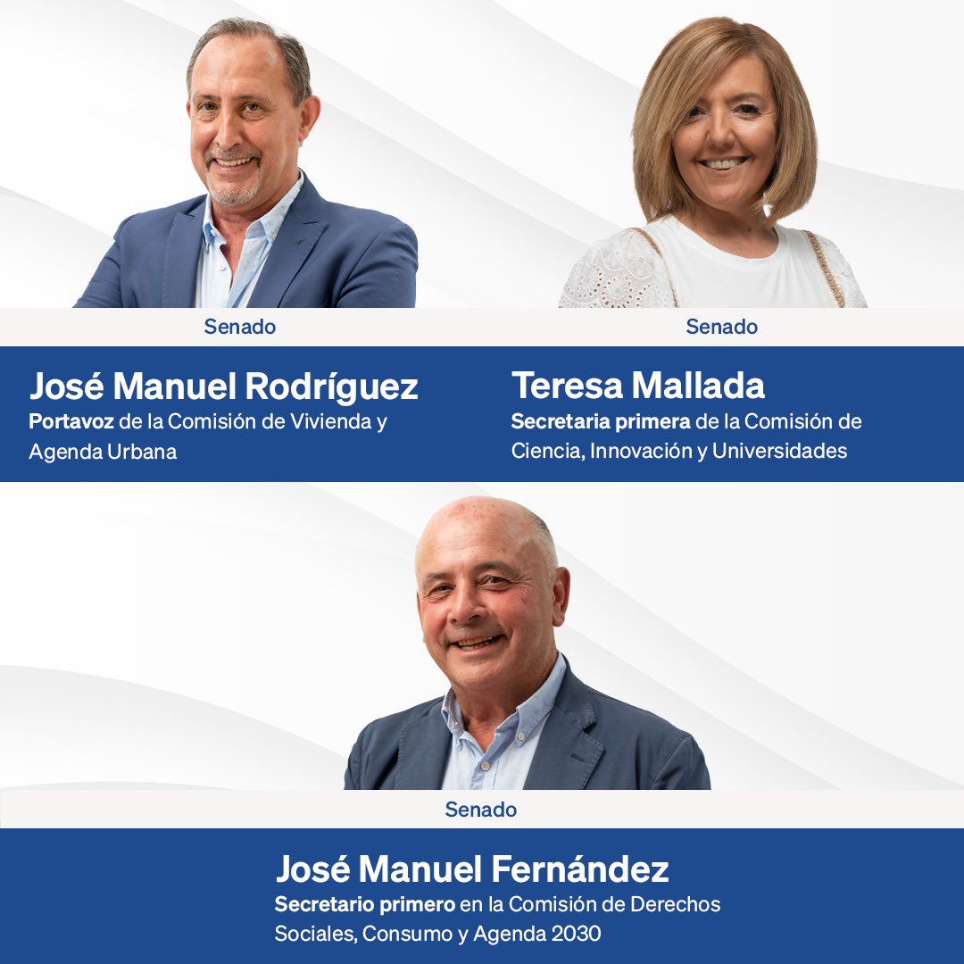 Nuestros senadores @litorodriguezpp, @TereMalladaPP y José Manuel Fernández también han sido designados para las Comisiones Permanentes del #Senado. ¡Enhorabuena!👇