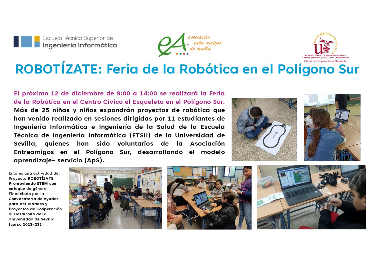 ¡Se nos llena de citas 🗓️ la semana que viene!👏

El martes 12 estaremos en esta Feria de Robótica para conocer los proyectos que ha realizado el alumnado del Polígono Sur junto a estudiantes de la <a href="/unisevilla/">Universidad de Sevilla</a>  🤖

investigacion.us.es/noticias/5723

vía <a href="/etsii/">ETS Ing. Informática</a> <a href="/AsocEntreAmigos/">Asociación Entre Amigos</a> #DivulgaUS