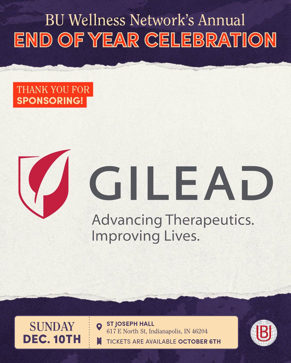 BUWellnessNet's tweet photo. ✨ We'd like to thank our event sponsor, Gilead, for your commitment to improving lives and supporting BU Wellness Network's mission.

Learn more about Gilead at https://t.co/S5iBkBI7Gx

Get tickets or donate during our End of Year Celebration at https://t.co/pIi5zA0B14 https://t.co/0tZxO6P3vH