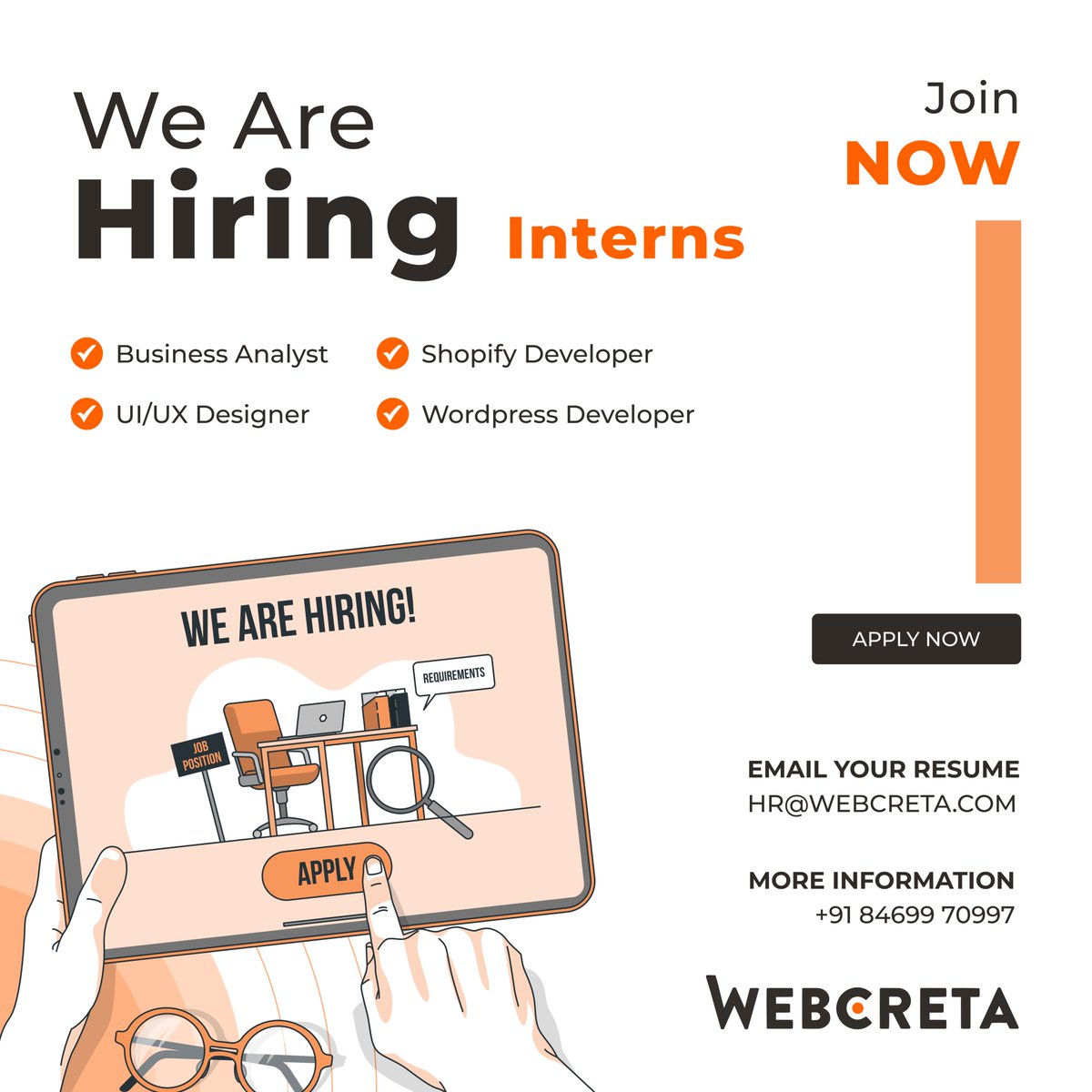 webcreta's tweet photo. 🎉 Attention all aspiring techies! 🎉

🚀 Webcreta Technologies is on the hunt for talented interns to join our team!

#WebcretaTechnologies #HiringInterns #BusinessAnalyst #UXUIDesigner #ShopifyDeveloper #WordPressDeveloper #TechCareers #CareerOpportunities #hiring https://t.co/DJtPkUyACY