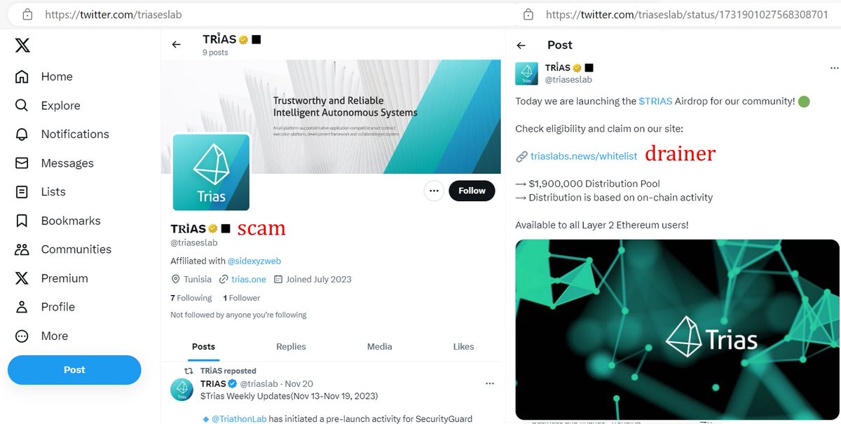 GoreJason91's tweet photo. How are @X users supposed to distinguish scam accounts, with gold #verified badges sold to fraudsters?!

❌ @triaseslab - scam, "gold verified"
✔ @triaslab - real, verified

@premiumbusiness @zachxbt @premium @peckshield
@malwrhunterteam @DoppelHQ @CertiK @premiumbusiness @tayvano_ 

#scam https://t.co/BnCc1bii5r
