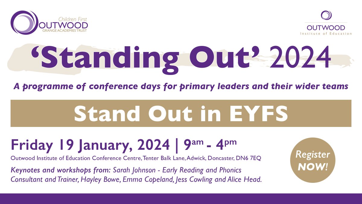 💜 CPD OPPORTUNITY 💜

'Standing Out' in #EYFS Conference - aimed at Headteachers, SLT, EYFS leaders &amp; practitioners!

🗓️ 19 Jan
⏰ 9.00am - 4.00pm
📍DN6 7EQ

Register to attend here:
🖱️ ow.ly/pTUe50Q55uY

<a href="/OutwoodIE/">Outwood Institute of Education</a>
