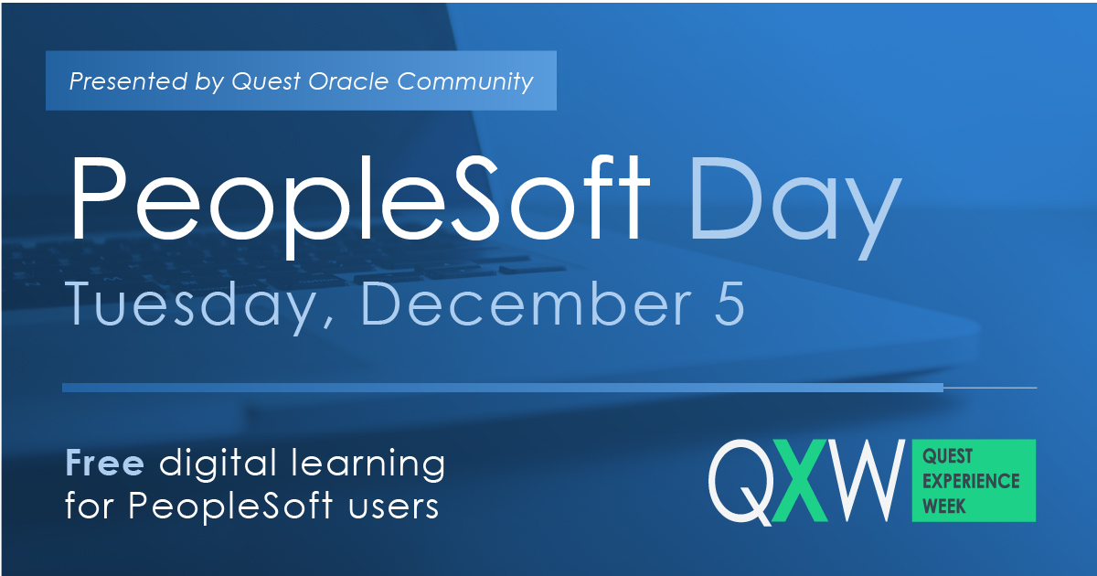 QuestUserGroup's tweet image. It&apos;s PeopleSoft Day! Join us online today for a full day of FREE virtual education. It&apos;s all part of Quest Experience Week. Still need to register? Go here: bit.ly/QXW2023