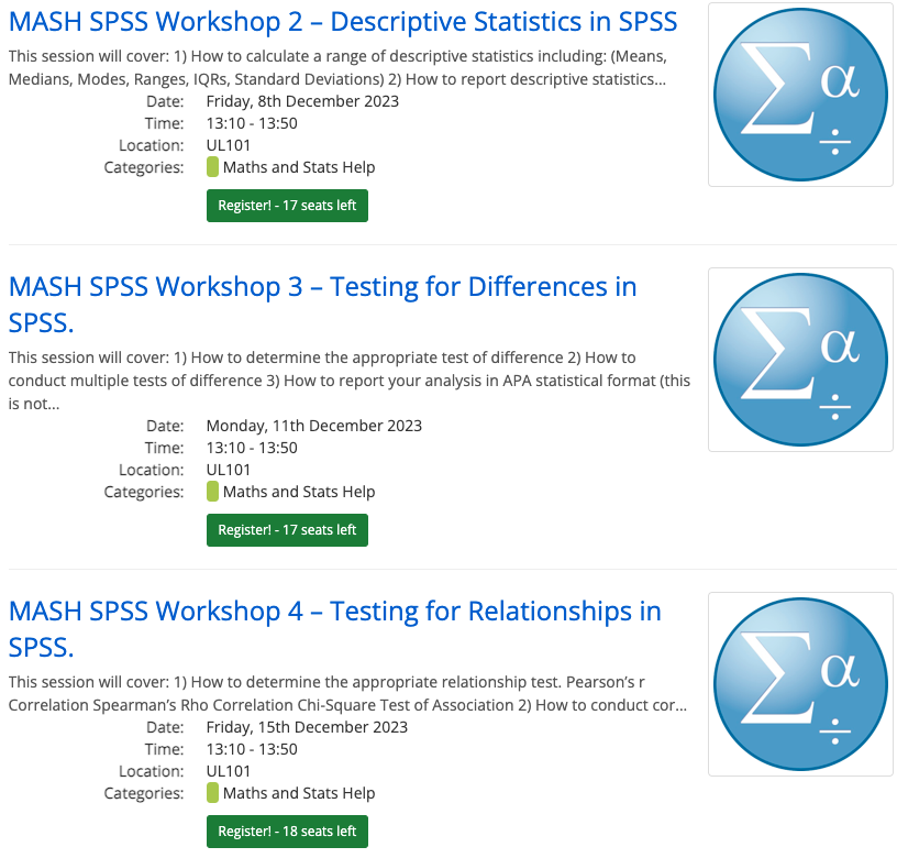 Laura (she/her), MASH at Lincoln (@mash_uol) on Twitter photo We have three SPSS workshops coming up before Christmas, book your place here: lncn.ac/mashevents #stats #spsshelp #yourlibrary
<a href="/PsychLincoln/">Psychology at Lincoln</a> @ULSchoolofEd <a href="/UoLLifeSciences/">Lincoln School of Natural Sciences</a> <a href="/LibraryUoL/">The libraries of the University of Lincoln</a> We have three SPSS workshops coming up before Christmas, book your place here: lncn.ac/mashevents #stats #spsshelp #yourlibrary
<a href="/PsychLincoln/">Psychology at Lincoln</a> @ULSchoolofEd <a href="/UoLLifeSciences/">Lincoln School of Natural Sciences</a> <a href="/LibraryUoL/">The libraries of the University of Lincoln</a>