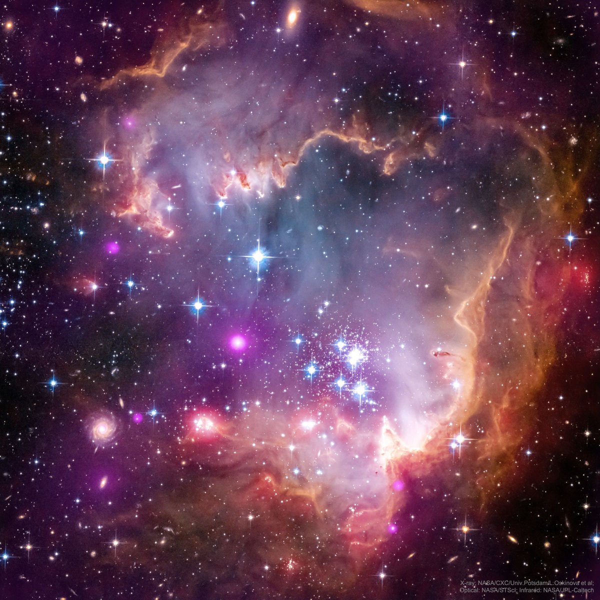 En el centro de la imagen está NGC 602. Es un cúmulo abierto (formado por estrellas recién nacidas). Aún está rodeado por la nebulosa en la que se formó. Está a 200 000 años-luz, en la Pequeña Nube de Magallanes y lo vemos en espectro visible, rayos X e infrarrojo. #FelizMartes