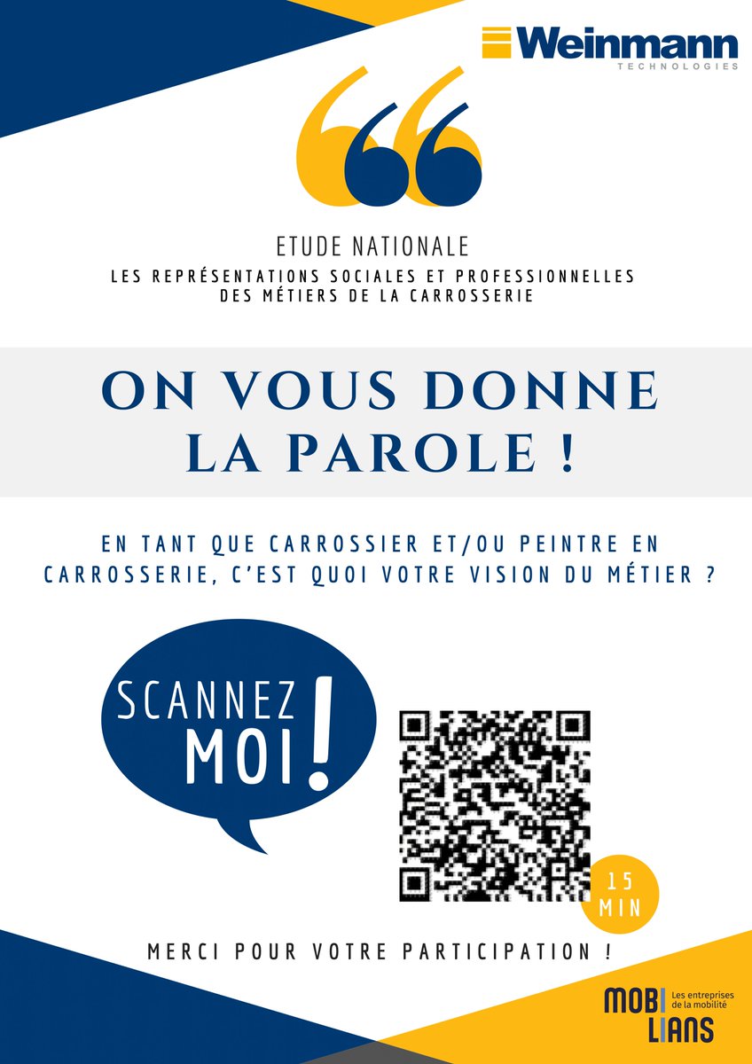 mobiliansfr's tweet photo. ℹ️[#INFO] Participez à notre enquête nationale sur l'image des carrossiers peintres avec WEINMANN Technologies !🚗
Répondez à l'enquête juste ici :

Pour les chefs d’entreprise ➡️ https://t.co/7UnLIT2gs9

Pour  les salariés ➡️ https://t.co/Lw9uibbqMJ
#mobilians #enquete #weinmann https://t.co/D325cnVKUD