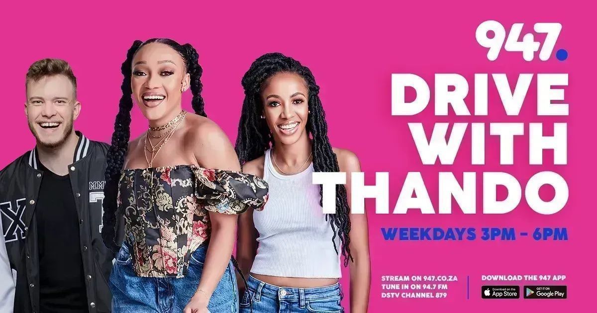 947's tweet photo. It's time for #947DriveWithThando with @thando_thabethe , @flaxthedj & @LeratoHoeffele 😎
TODAY:
➡️ Song to describe your day
➡️ Children's holiday places
➡️ #MaTricked
➡️ #WhatsInTheVilla
➡️ Can't Beat
📻 https://t.co/DRHOfPvDrb https://t.co/j36fcLxwL9