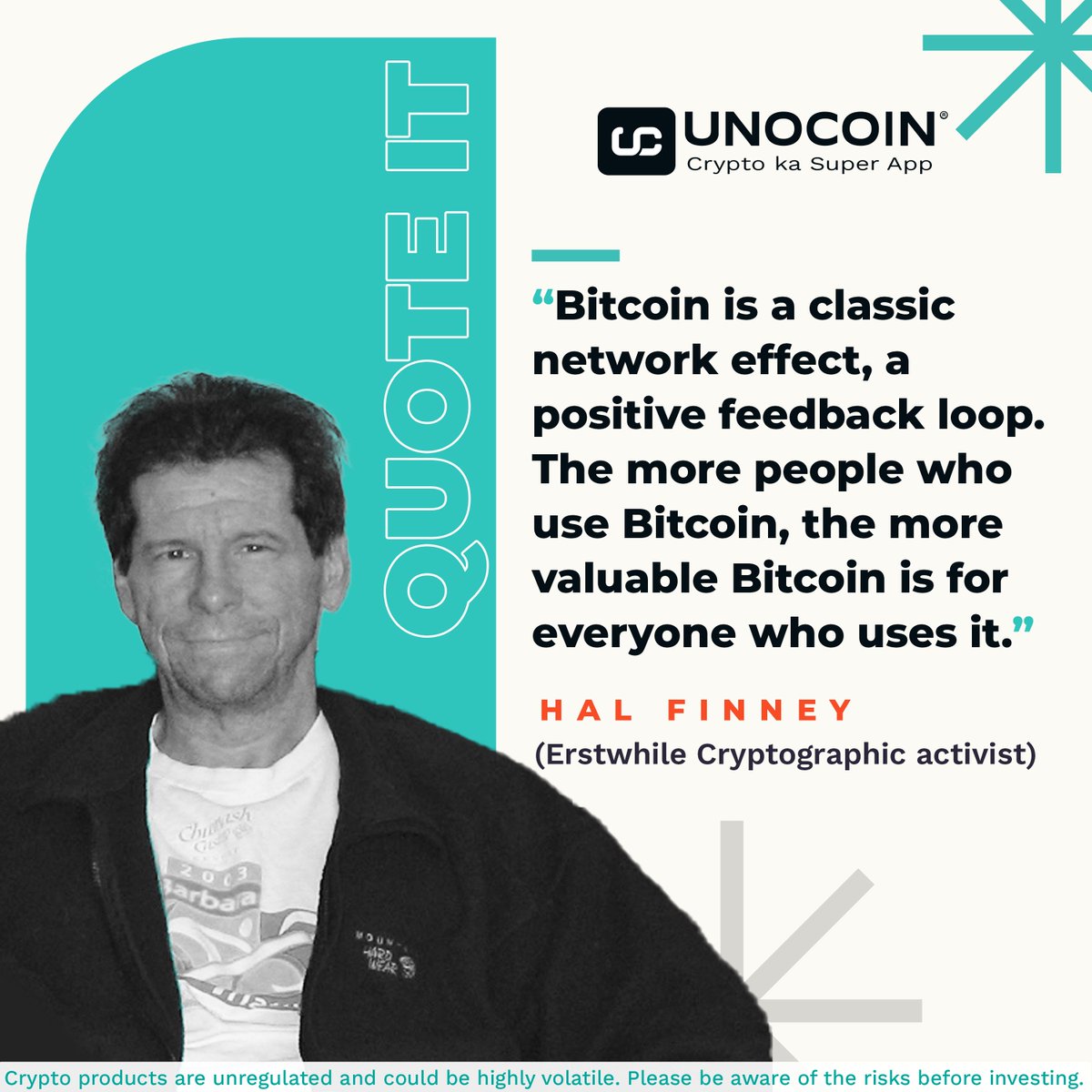 Unocoin's tweet image. Harold Thomas Finney II aka ‘Hal Finney’ was an American software developer. Finney was also a noted cryptographic activist, he was involved in the development of the first anonymous remailer.

#crypto #cryptocurrency #Finney #cryptographic #trading