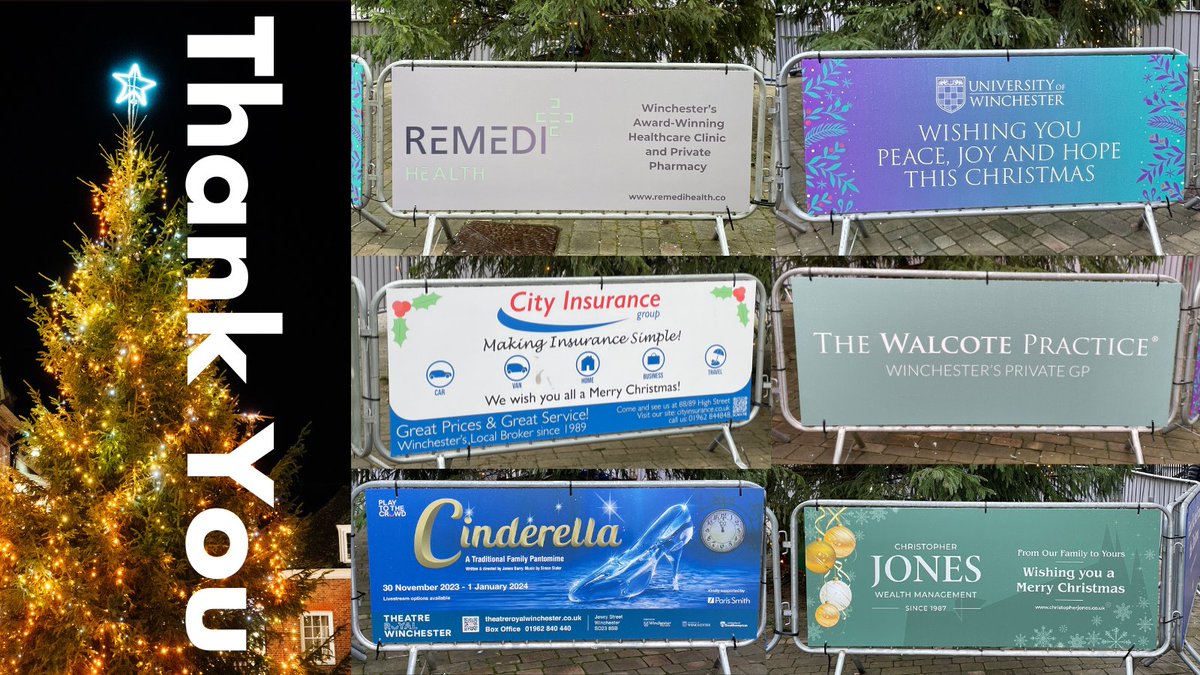Thank you to our 2023 Christmas Tree board sponsors: 🎄<a href="/WalcoteHealth/">The Walcote Practice</a>
🎄<a href="/_UoW/">University of Winchester</a> 
🎄Cote 
🎄Haringtons Hairdressing
🎄<a href="/TRwinchester/">Theatre Royal Winchester</a> 
🎄<a href="/trethowansllp/">Trethowans</a> 
🎄<a href="/brewindolphin/">RBC Brewin Dolphin</a> 
🎄Remedi Health 
🎄Christopher Jones Wealth Management 
🎄<a href="/trethowansllp/">Trethowans</a> 
🎄City Insurance Group 
(1 of 2)