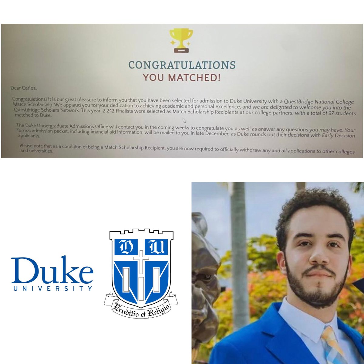 Me desbordo de orgullo!Mi hijo ha sido aceptado a Duke Univ, eso habla por sí solo (tasa aceptación -6%).Hijo, tus notas, esfuerzo y perseverancia han propulsado este logro, el inicio de una exitosa carrera; alcanzarás tus metas, no pares, el cielo es el límite! Dios te bendiga🙏