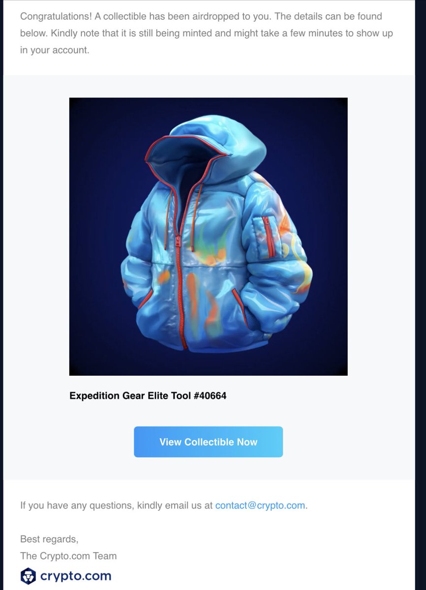 Feeling blessed 🙏🏻🙏🏻

Just got this winterjacket 🥶 airdropped on my account, just what i need it for this winter season!

Thanks @cryptocomnft 🔥🔥

In a few hours i will start a Giveaway to the #crofam to bless with a little touch another #cro member with a NFT!

LFG 🔥🔥🔥🔥🔥