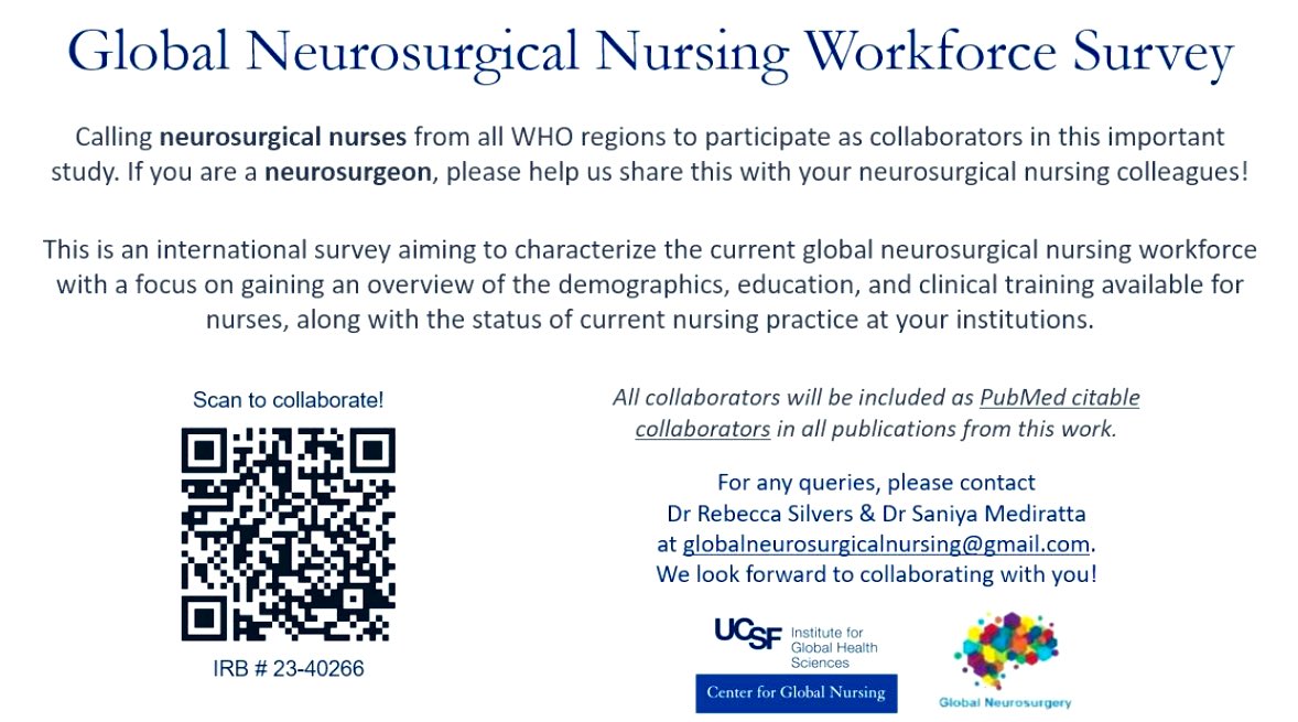 We cannot improve neurosurgical capacity or outcomes without drawing a focus to the role of nurses at every stage of neurosurgical care Please help us understand the current global neurosurgical nursing workforce by sharing with nursing colleagues at your institutions! 🔗👇