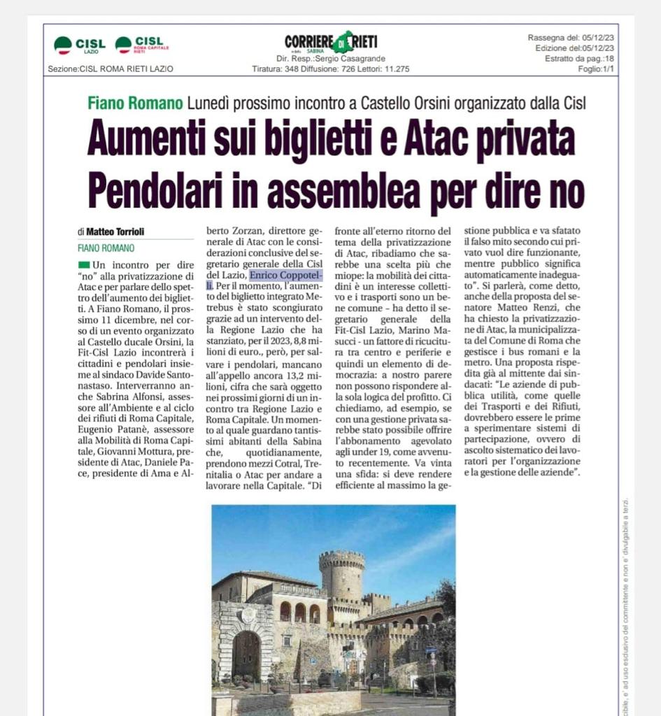 FITCISLLAZIO's tweet photo. "#Rifiuti e #Trasporti , Bene Comune" : lunedì prossimo, al Castello Orsini di Fiano Romano, incontro organizzato dalla Fit-Cisl Lazio! #ilsindacatoutile @MarinoMasucci https://t.co/bthuUTVyIZ